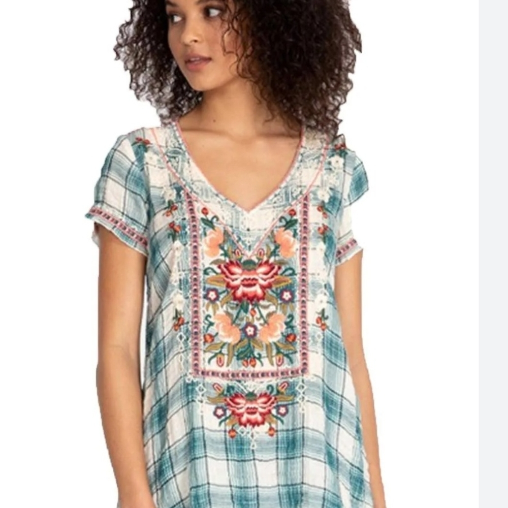 Johnny Was Blue and Red Embroidered Blouse